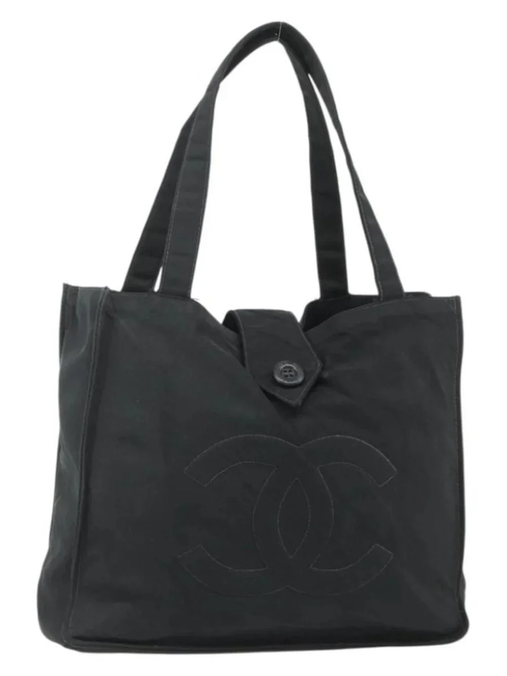 CHANEL Hand Bag Nylon Black Silver CC Auth 175119